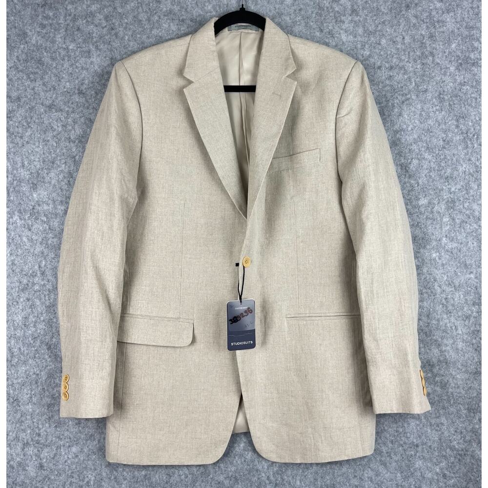 StudioSuits‎ Blazer Sport Coat Mens 42L Beige Linen 2 Button Bespoke Custom NEW